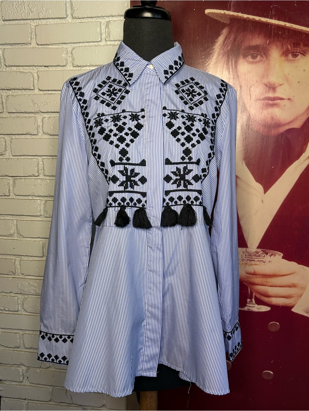 Zara Blue Striped Embroidered Tassel Shirt Dress